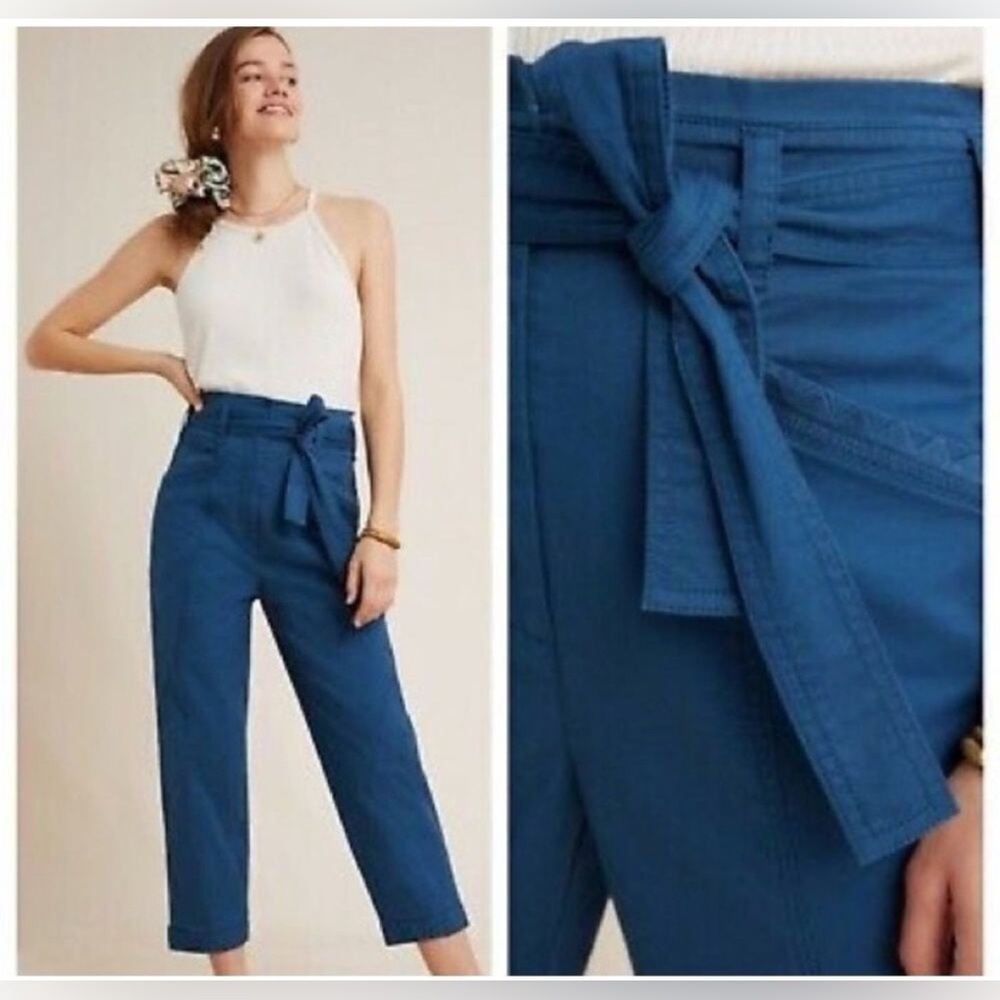 Anthropologie Ellie Embroidered Utility High Waisted Paperbag Pants Blue Size 4